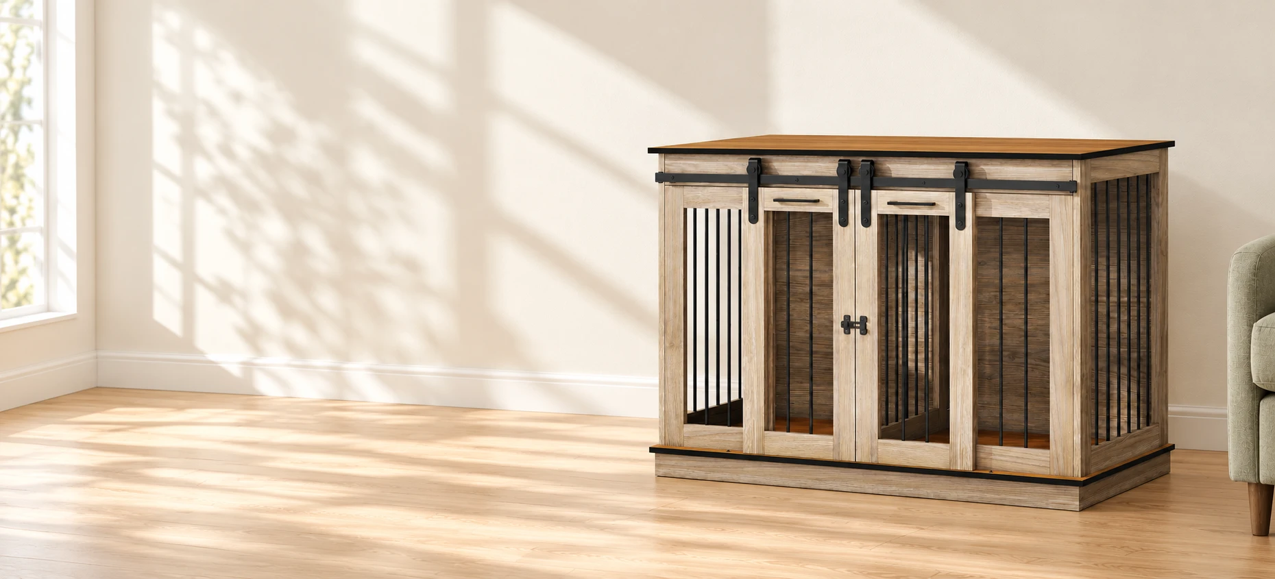 Oak-tone double PawHut dog crate furniture in a cream and sage room setting